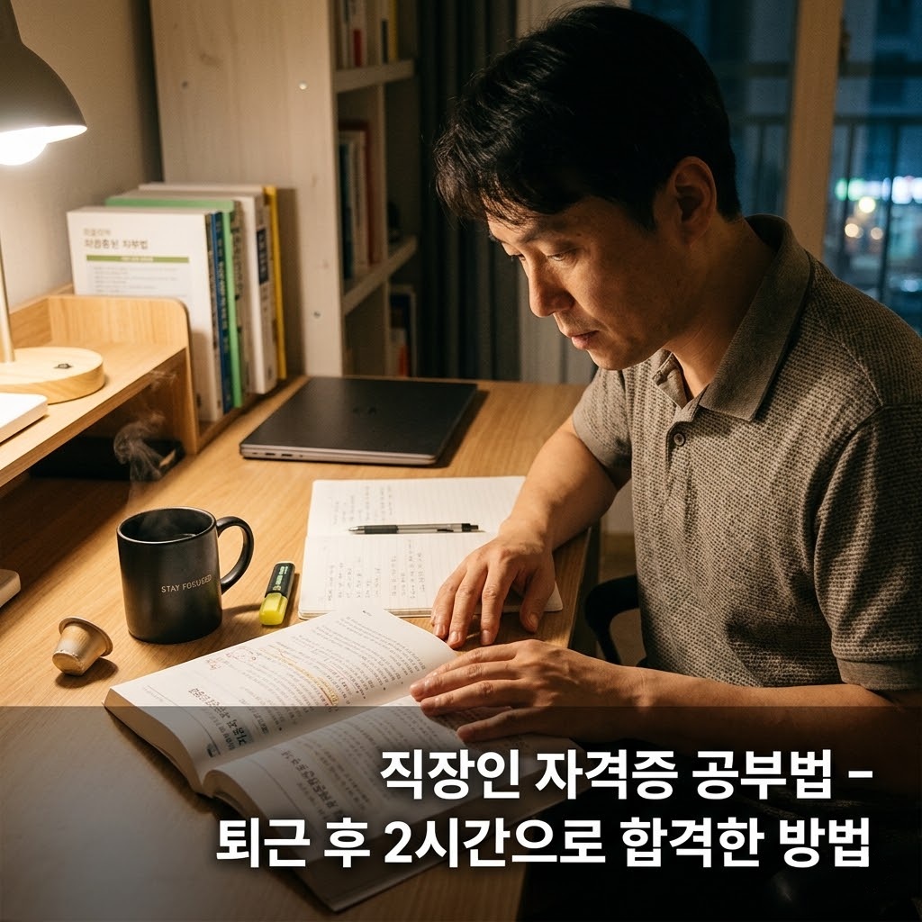 직장인 자격증 공부법 퇴근 후 책상에서 교재 펼치는 40대 직장인