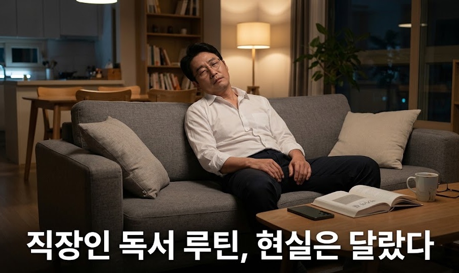 퇴근 후 소파에 앉아 책을 펼치려는 지친 직장인