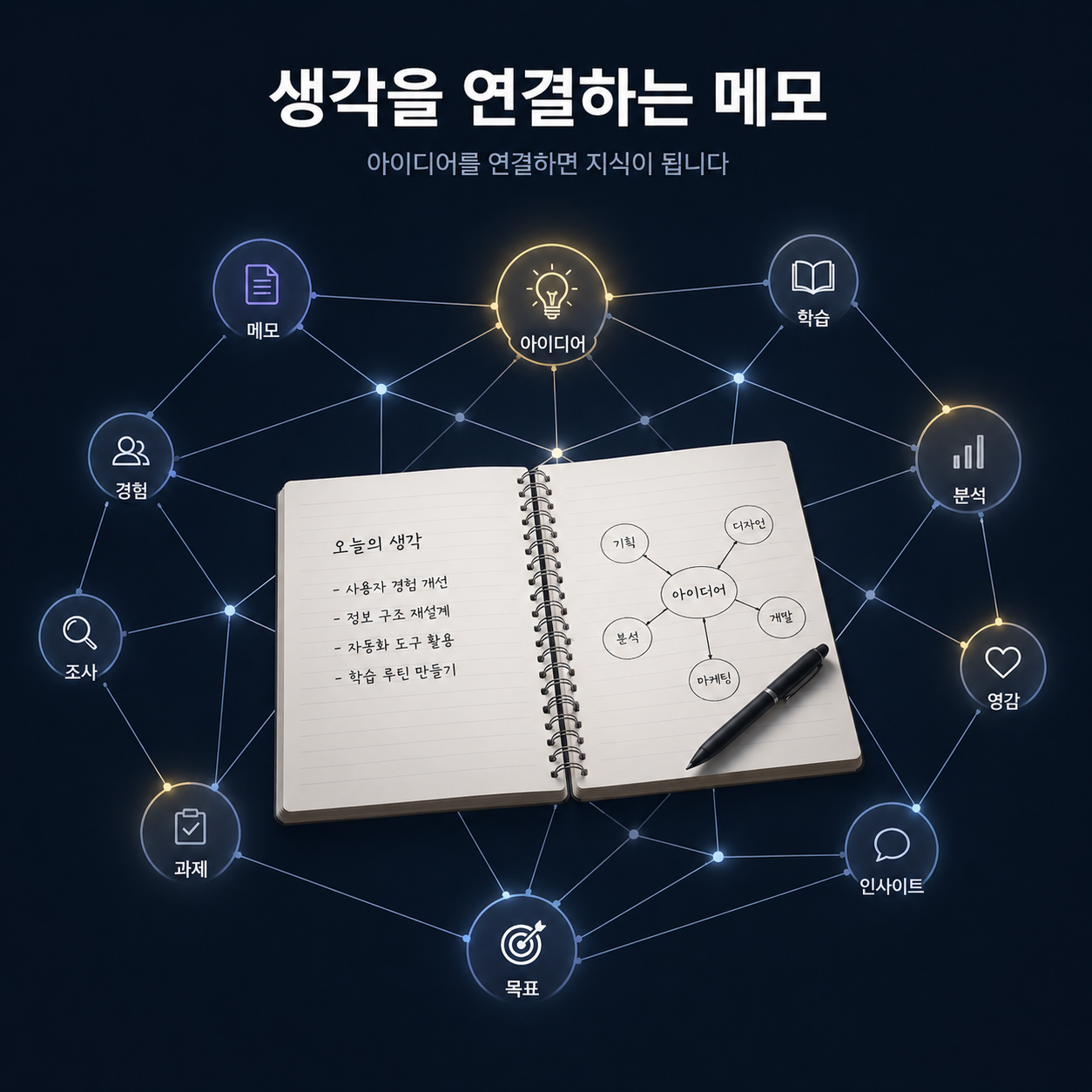 노트와 아이디어가 선으로 연결된 옵시디언 그래프 뷰 일러스트