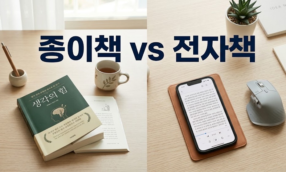 책상 위 종이책과 전자책 앱 스마트폰 비교