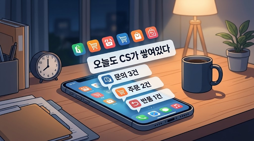 퇴근 후 스마트스토어 CS 알림 쌓인 화면